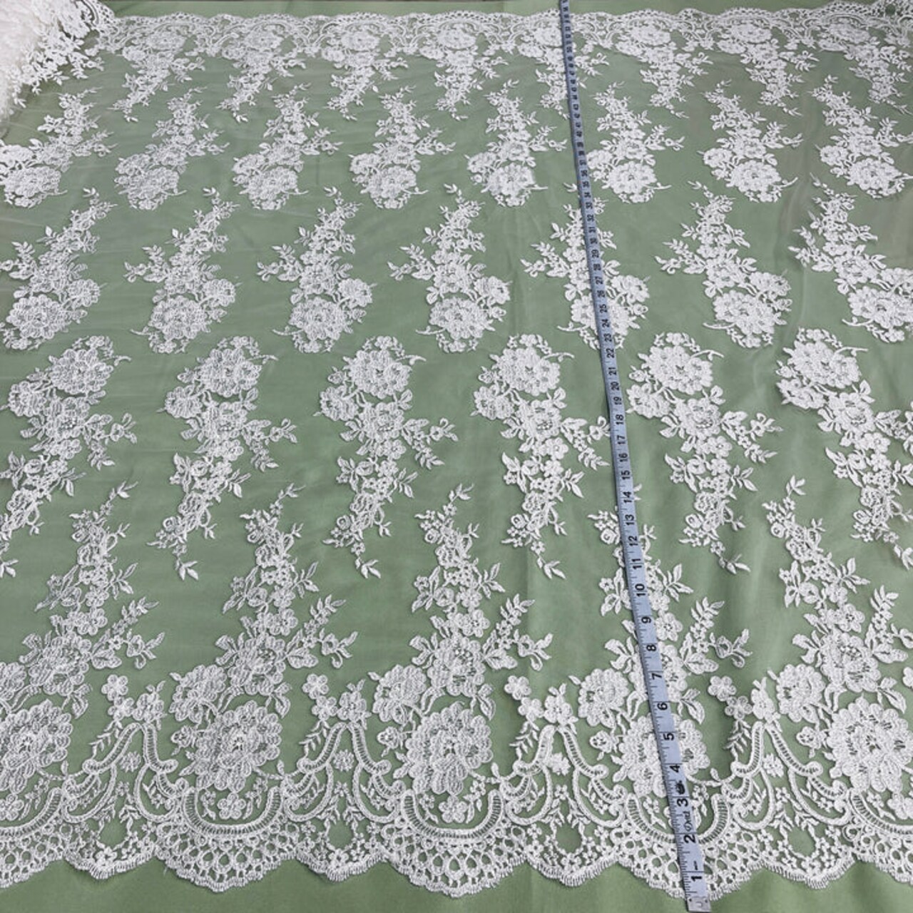1 Yard Elegant Corded Bridal Lace Fabric with Floral Embroidery White